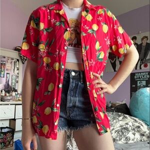 hot pink printed button up short sleeve shirt